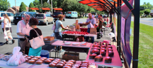 Wide shot of tables set up under orange canopies for a local farmers market