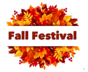 Orange and red leaves in a semi circle above and below the words Fall Festival