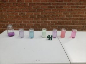 A photo of the reactions from the pH experiment with red cabbage