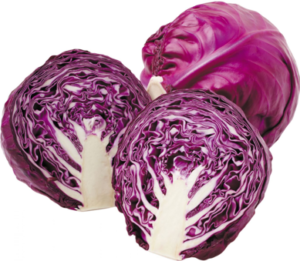 two heads of red cabbage with the front one cut in half