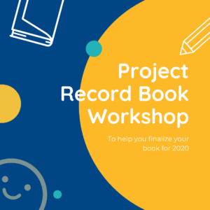 Blue background, yellow half circle on the right side with doodled book, smiley face, and pencil