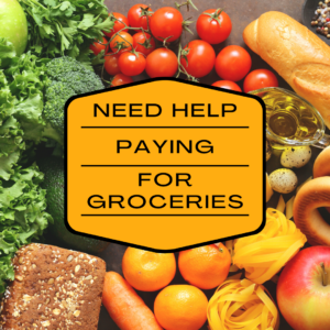 Yellow text box over a background with broccoli, tomatoes, bread, oranges, apples, grapes