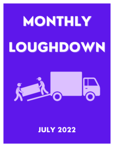 Purple background with clipart of two people carrying a box onto a moving truck