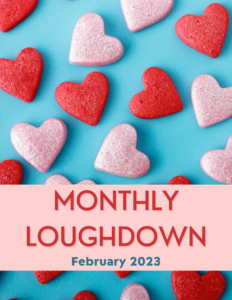 blue background with red and pink candy hearts spread out with a pink rectangle on top for the newsletter title