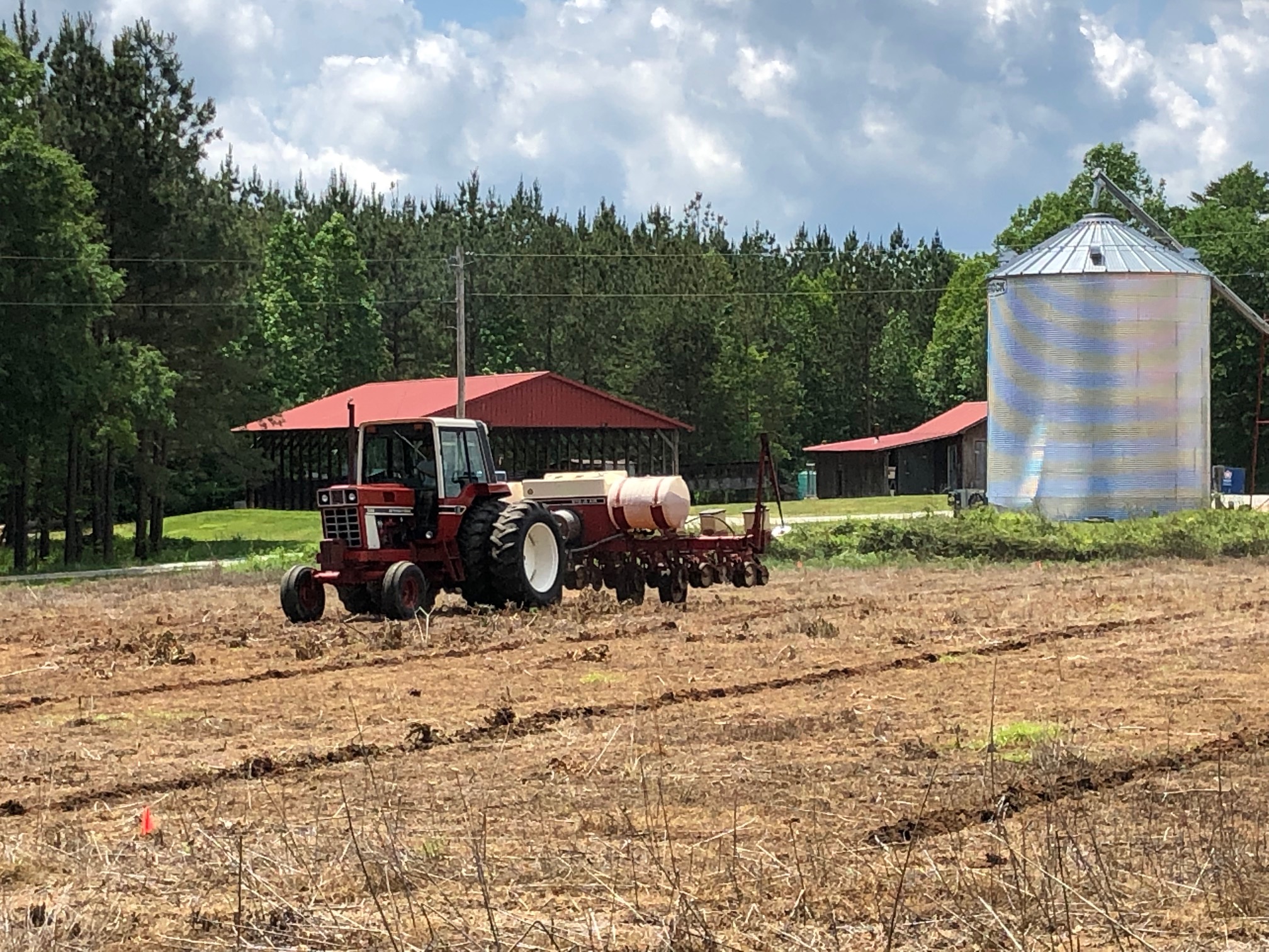 A tractor in a field.