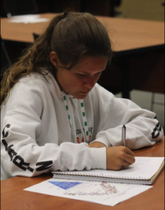 A woman takes notes in a notebook.