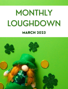 small plush leprechaun on green background surrounded by gold coins and glittery clovers